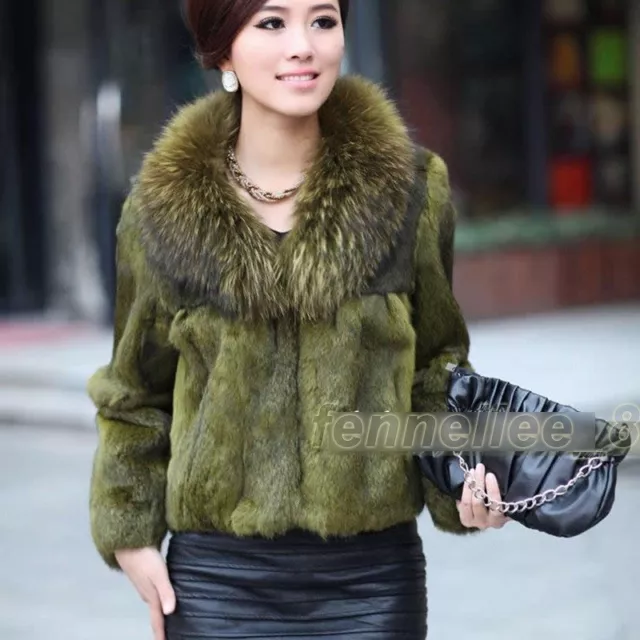Womens Raccoon Fur Collar Genuine Rabbit Fur Jacket Outwear Coat Winter Parka Sz