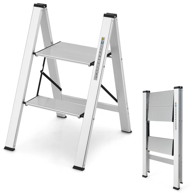 Marchepied Pliant Aluminium 2 Marches - Capacité 150kg - Design Bois - Portable Et Stable