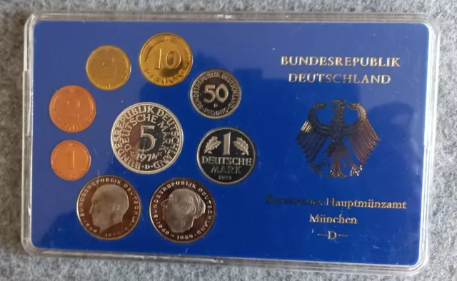 BRD, Kursmünzsatz 1974 D in Spiegelglanz mit 2 x 2 DM Münzen