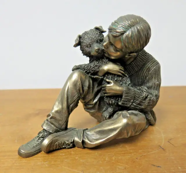 Genesis Fine Arts Sculpture Figure Boy Holding Dog Cold Cast Bronze Resin