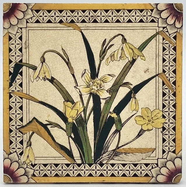 Antique Fireplace Tile Transfer Print & Tint Daffodil Design C1880 AE6