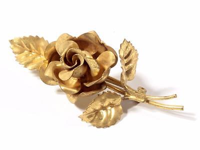 Vintage Czech Bohemian gold tone Deco press stamped rose flower stem pin brooch