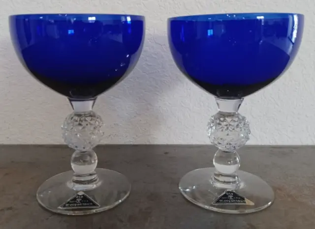 2 Morgantown Golf Ball Stem Cobalt Blue Champagne/Sherbet Glasses 5" Tall