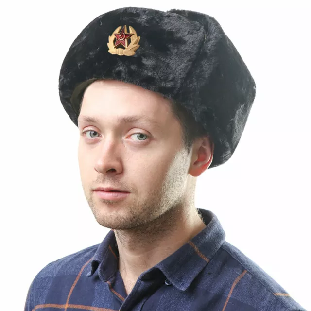 Black Cap With Soviet Badge Flap Cossack Russian Trapper Hat Ushanka Faux Fur 3