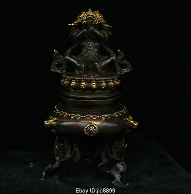 Old Chinese Tibet Bronze Copper Gilt Beast Buddha Statue Incense Burner Censer