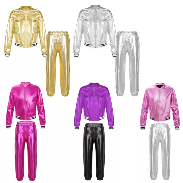 Boys Girls Jazz Hip Hop Dance Costume Shiny Metallic Jacket with Sweatpants Sets