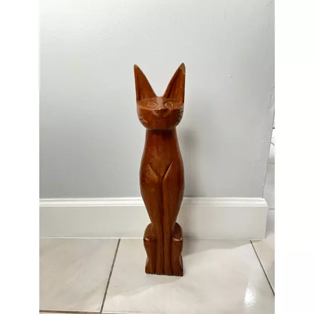 Vintage Mid Century Modern MCM Teak Wood TALL Siamese Cat Figurine Sculpture 20"