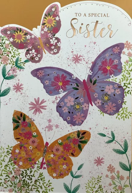 SISTER BIRTHDAY GREETING CARD BUTTERFLIES AND FLOWERS 7”x5” FREE P&P