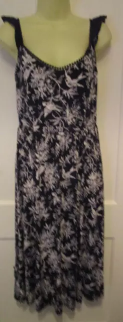 OASIS  NAVY AND WHITE BIRD / FLORAL PRINT STRAPPY MIDI DRESS SIZE S fit uk 8-10