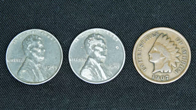 Indian Head Cent Penny + 2 Bonus Steel 1943 Wheat Pennies - 3 coin lot