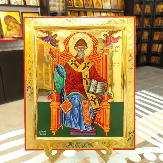 Icono ortodoxo de San Spyridon pintado a mano en oro de 24 quilates Ikone...