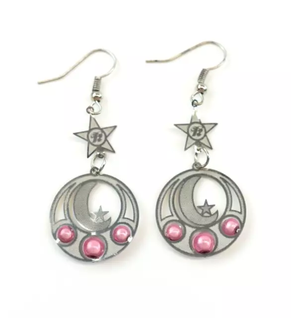 Moon & Stars Pink Beads Dangle Drop Earrings Celestial Boho Fashion Jewelry