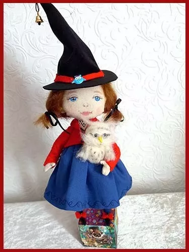 Handmade Art Artist Fantasy Doll Lucy Owl Wooden Base OOAK