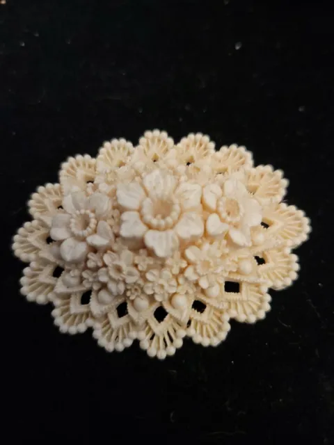 Vintage Brooch Pin Carved off  White  Lite Celluloid Flower