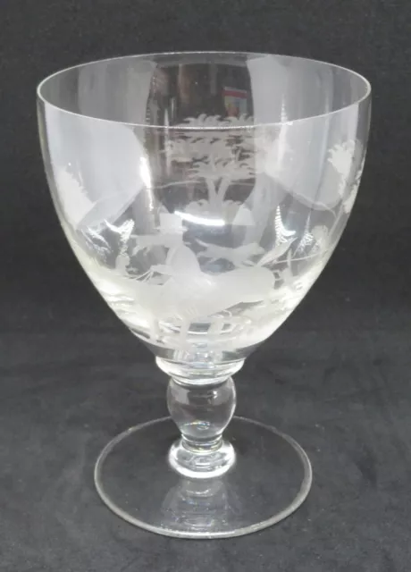 . Clear glass etched glass vintage Art Deco antique large fox hunt wine glass