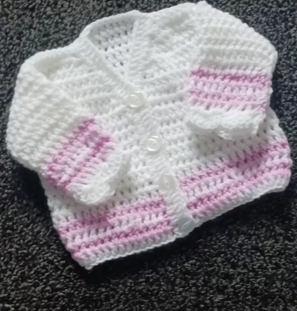 0-3 Mths  Baby White Cardigan - Hand Crochet