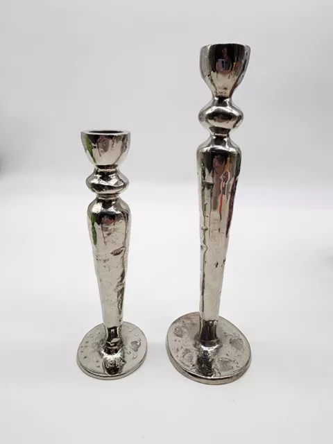 Set Of 2 Taper 9" 7" Made In India candle sticks Hammered Brass Silver Plated?