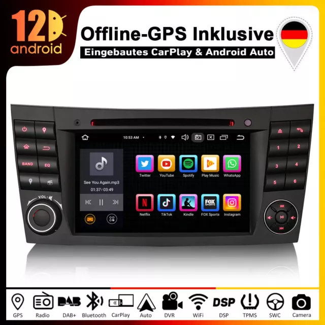 CarPlay Autoradio GPS für Mercedes E-Klasse W211 S211 DAB+ RDS Android 12.0 64GB