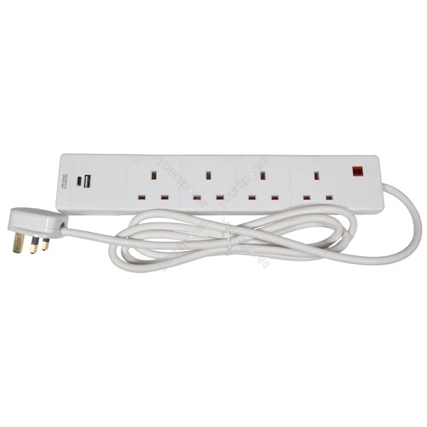 Mercury 4 Gang Extension Lead with USB &amp; PD USB-C port 2m