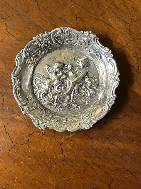 Small Silver Dish 830S CGH W Cherubs & Floral Motif 2 3/4  across