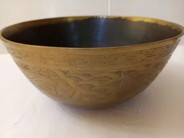 Antique Vintage Chinese Brass Bowl Hand Worked Engraved Etched Mark on Bottom 