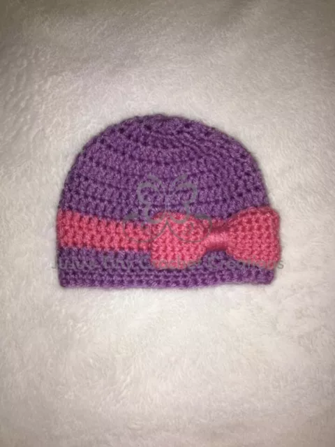 Chapeau bébé rose et violet au crochet avec nœud douche bébé accessoire photo cadeau