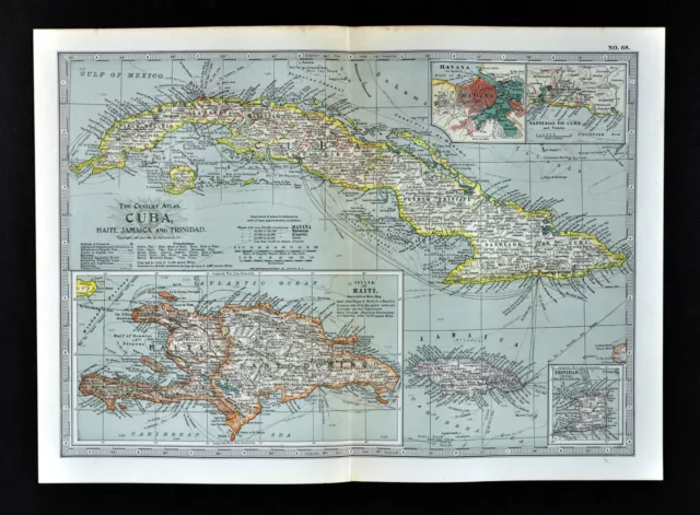 1902 Century Map West Indies Caribbean Cuba Bahamas Jamaica Porto Rico Antilles