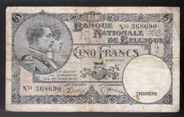 Belgium 1938 5 Francs Banknote  Pic #108