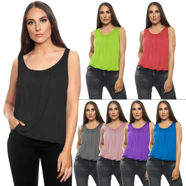 Womens Italian Plated Basic Top Ladies Elasticated Round Scoop Neck Vest T-Shirt