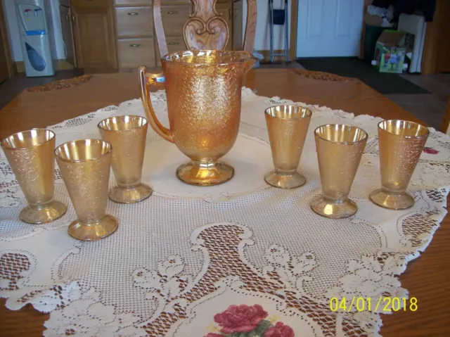 Jeannette Carnival Glass Vintage Marigold Pitcher and 6 Tumblers Crackle Pattern