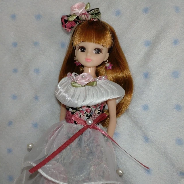 Licca-Chan Clothes Rose One Piece Hair Ribbon With Earrings