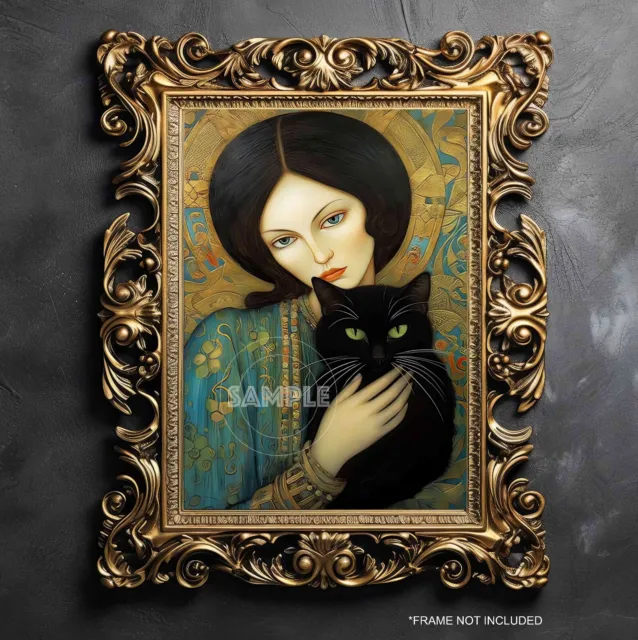 Art Nouveau Style Art Print Lady With Black Cat Art Nouveau Matt Art Print #1