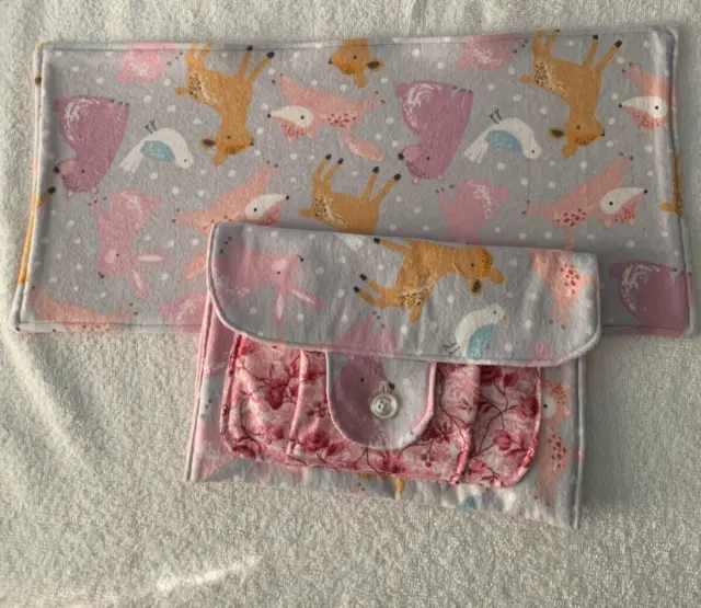 Baby Girl Diaper Clutch with Matching Burp cloth Handmade Flannel Cotton