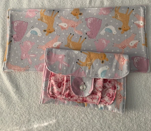 Baby Girl Diaper Clutch with Matching Burp cloth Handmade Flannel Cotton