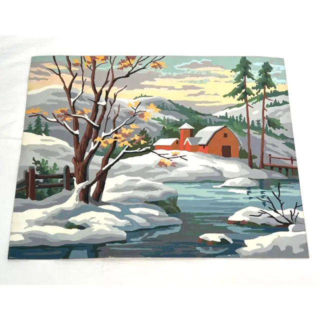 Paint By Number Winter Barn 20x16 Complete Unframed Winter Landscape 60s PBN