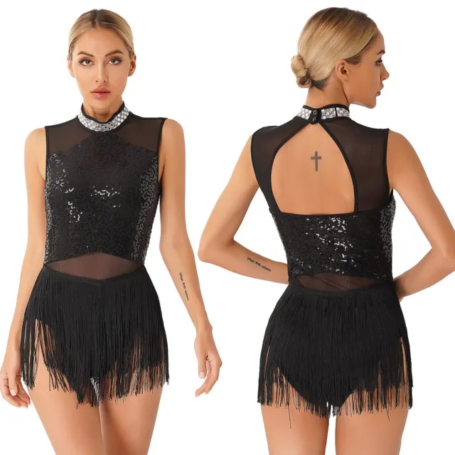 Women Shiny Sequins Fringed Latin Jazz Dance Leotard Dress Cha-Cha Rumba Costume