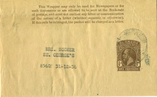 Bermuda 1913 wrapper KGV King George V  1/4d  brown Saint George      FU