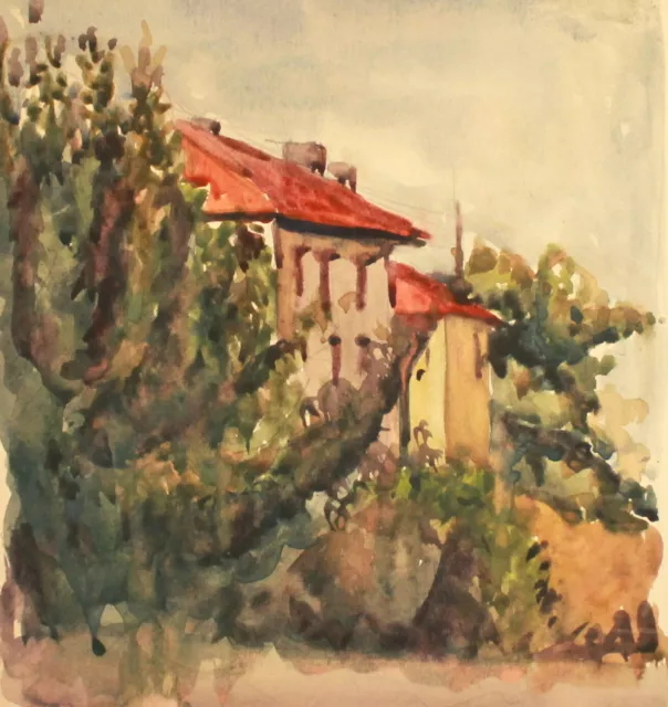 Vintage watercolor painting impressionist landscape house