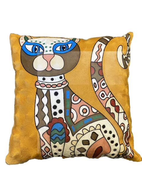 Laurel Burch Inspired Gold￼ Abstract Cat Embroidered Throw Pillow 18x18