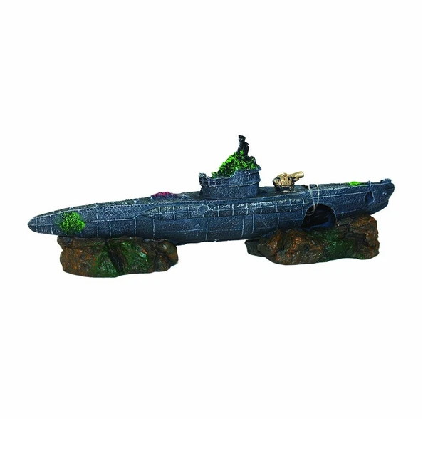 Aquarium Ornament SUBMARINE ON ROCKS boat wreck ship ruin fish tank decoration