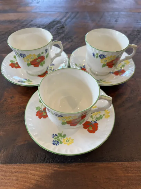 3 Cups & Saucers English Garden Crown Staffordshire Bone China Free Shipping