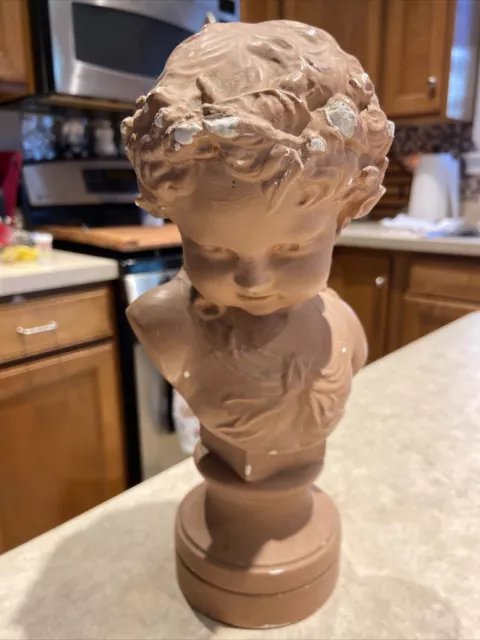 French Terracotta Bust on terracotta Base Depicting Young Child 10”