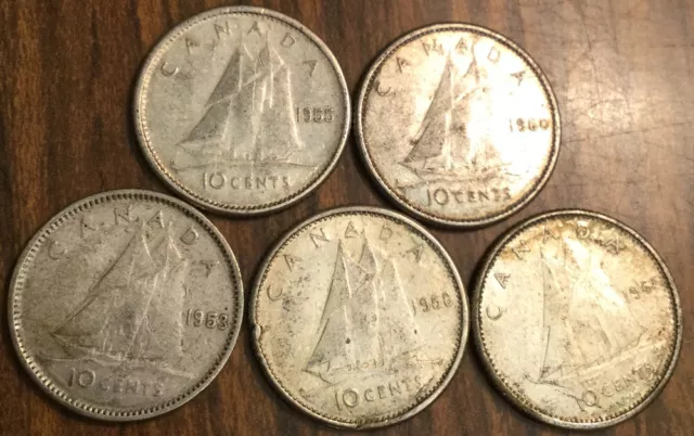 1953 1955 1958 1960 1965 Lot Of 5 Canada Silver 10 Cents Coins