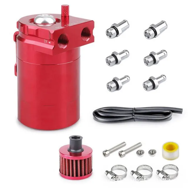 Baffled Car Oil Trap Catch Can Set with Air Filter Hose Fuel Tank Kit (Red)