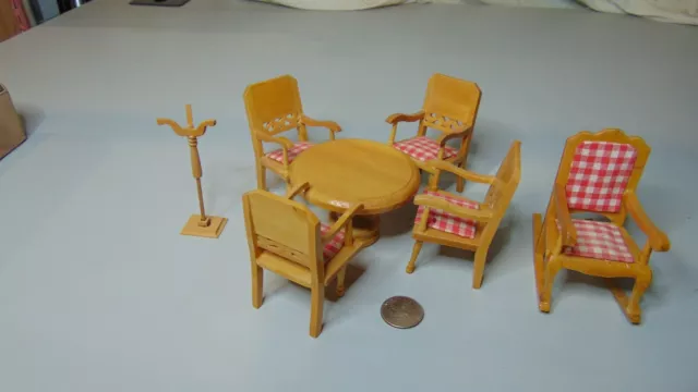 Wooden Miniature Dollhouse Table And Chairs And Coat Rack Rocking Chair