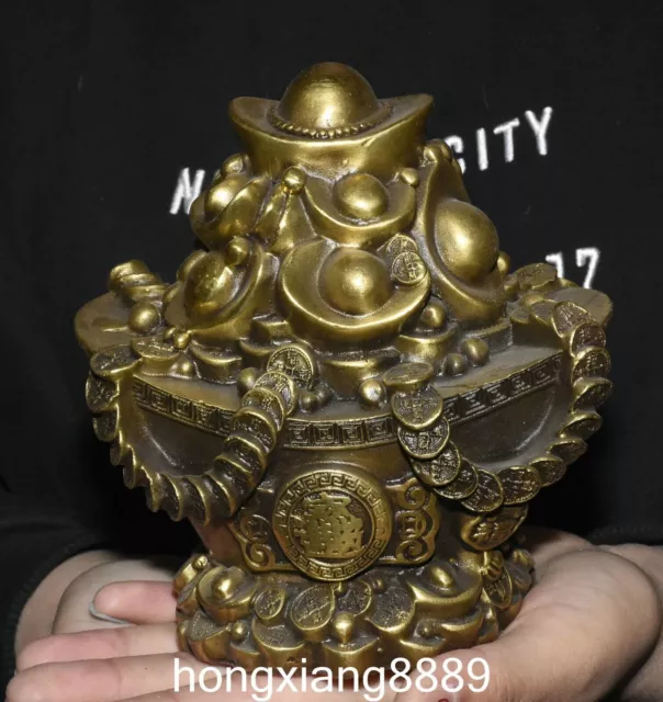 Chinese Pure Bronze Fengshui Wealth Yuanbao Coin Money Box Saving Pot Statue