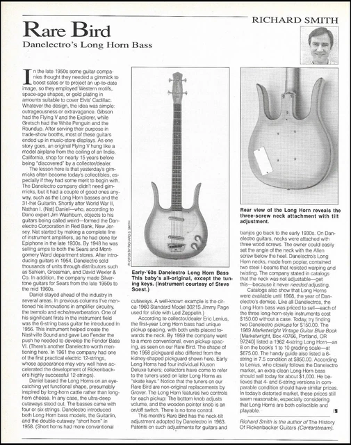DANELECTRO LONG HORN Bass Rare Bird guitar history article by Richard
