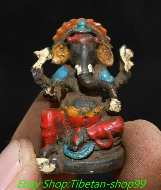 1'' Old Tibet Bronze Painted Four Arms Hand Ganapati Mammon Elephant God Statue