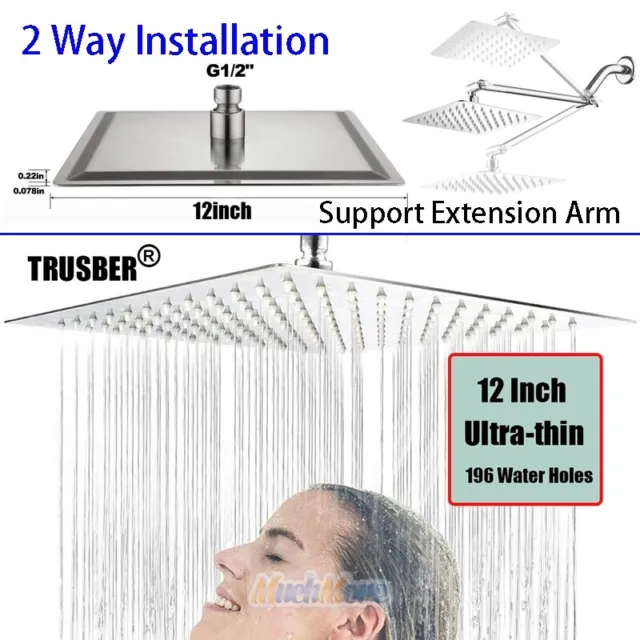 12-Inch Stainless Steel Square Rainfall Shower Head Ultra Thin Top Sprayer USA