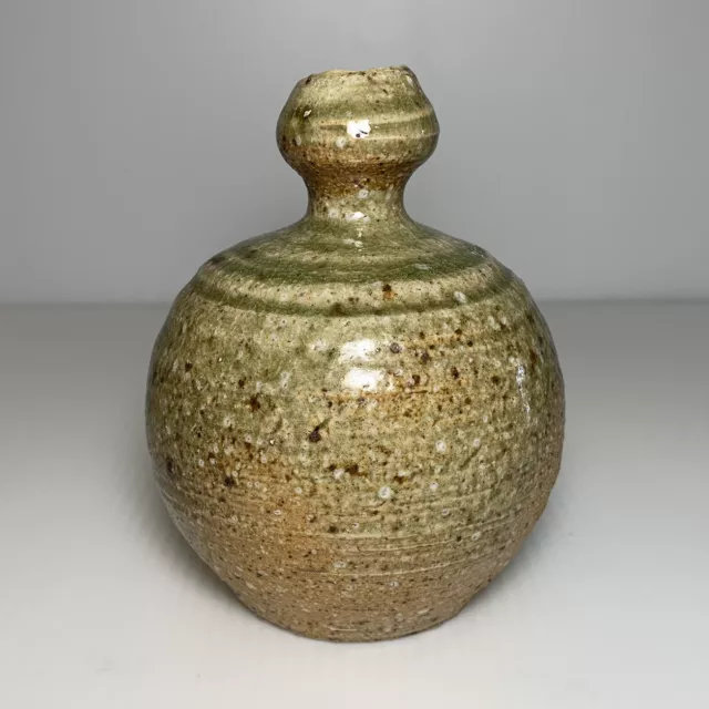 Studio Art Pottery Rustic Green Crackle Glaze Wheel Thrown Candle Holder Vase